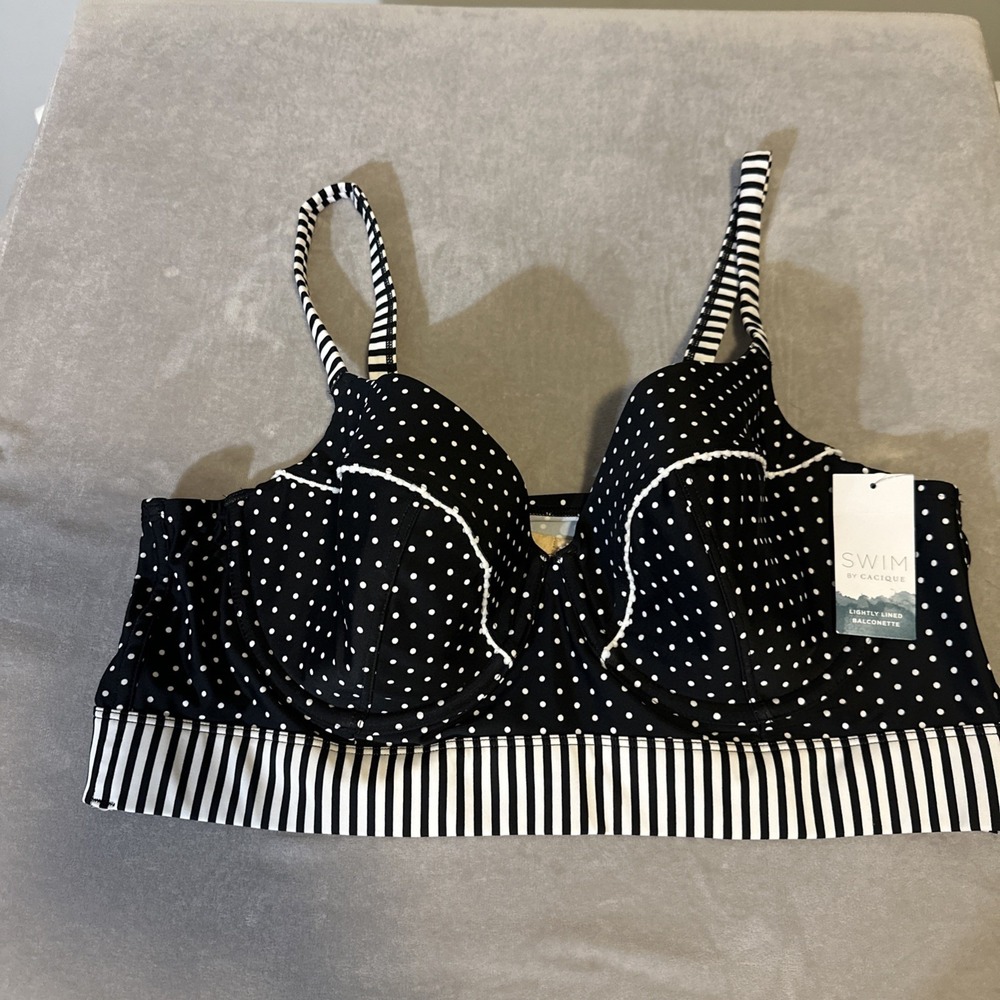 Swim‎ By Cacique Womens Bikini Top Black White Polka Dot Striped Padded 40D NWT